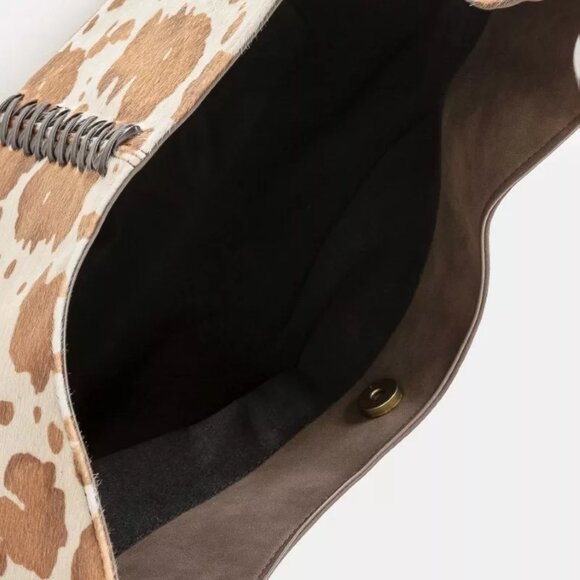 Fame Cow Print Hobo Shoulder Bag with Studded‎ Details - Picture 3 of 4